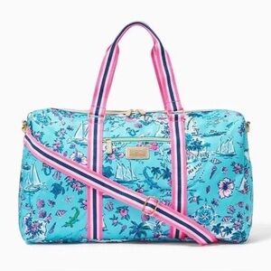 Lilly Pulitzer Overnight Bag Amalfi Blue Lillys Roadtrip Blue Pink Metallic Gold